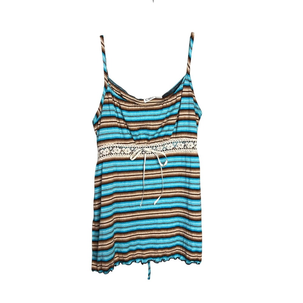 Cato Y2K Tank Top Size L Stripe Lace Strappy Turquoise Cream Brown